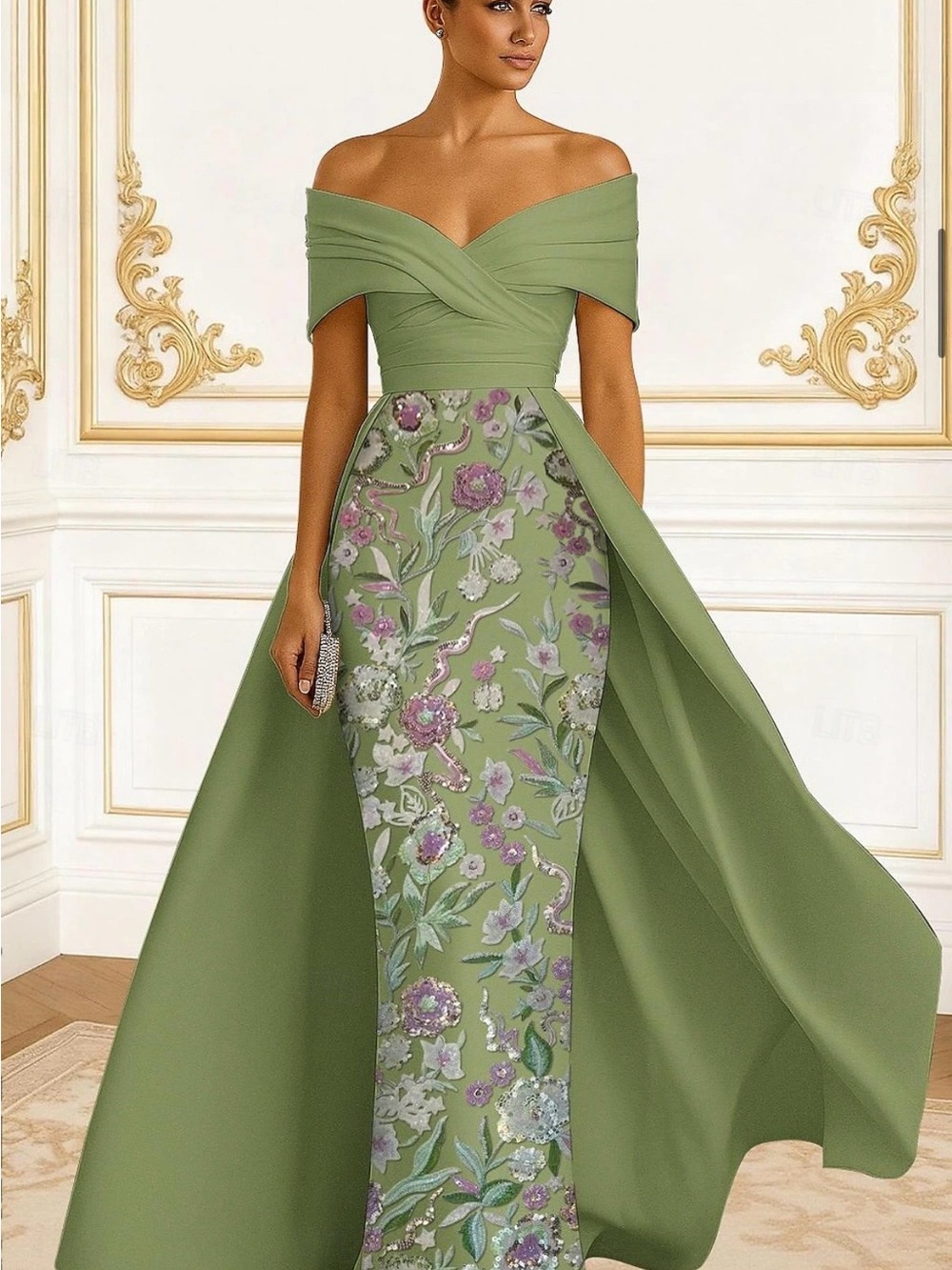Off-Shoulder Olive Floral Embroidered Evening Gown